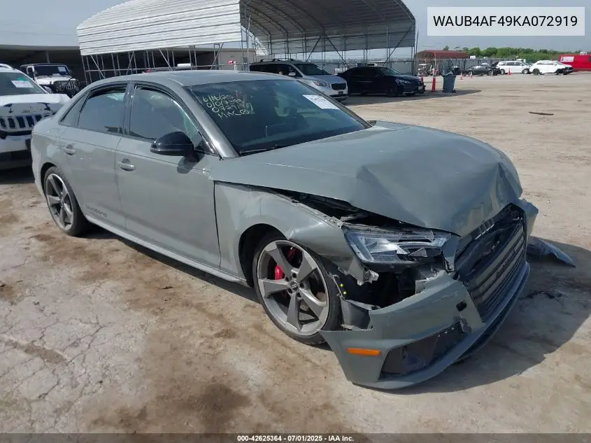 2019 Audi S4 3.0T Premium VIN: WAUB4AF49KA072919 Lot: 42625364