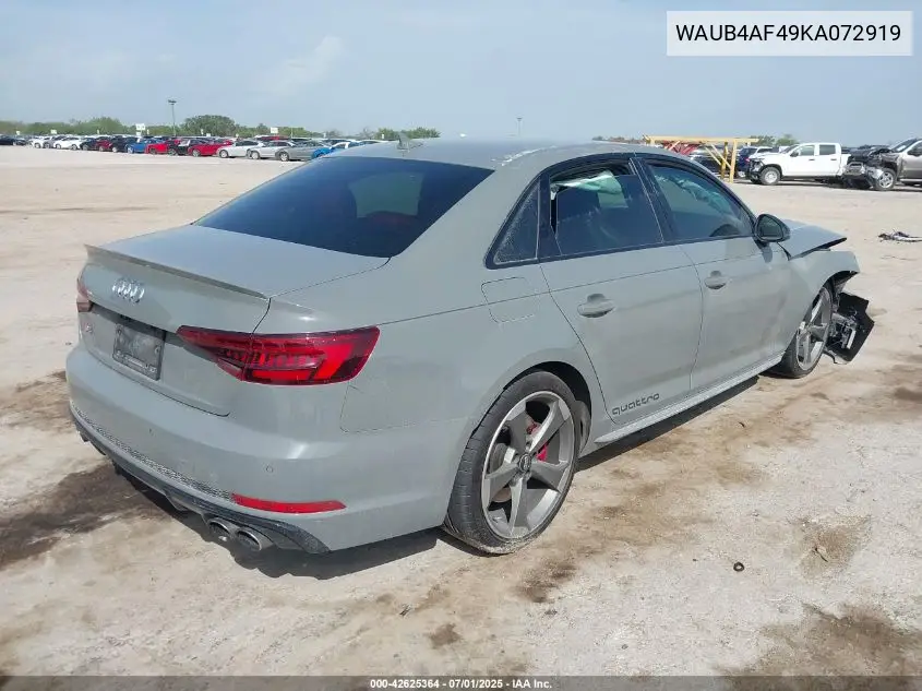 2019 Audi S4 3.0T Premium VIN: WAUB4AF49KA072919 Lot: 42625364