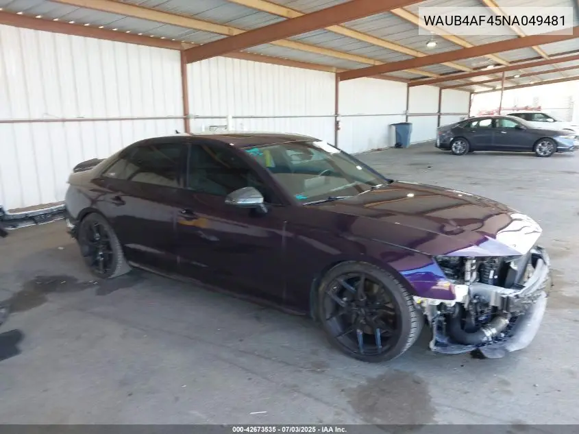 2022 Audi S4 Premium Plus Tfsi Quattro Tiptronic VIN: WAUB4AF45NA049481 Lot: 42673535