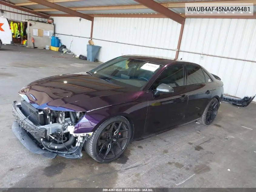2022 Audi S4 Premium Plus Tfsi Quattro Tiptronic VIN: WAUB4AF45NA049481 Lot: 42673535