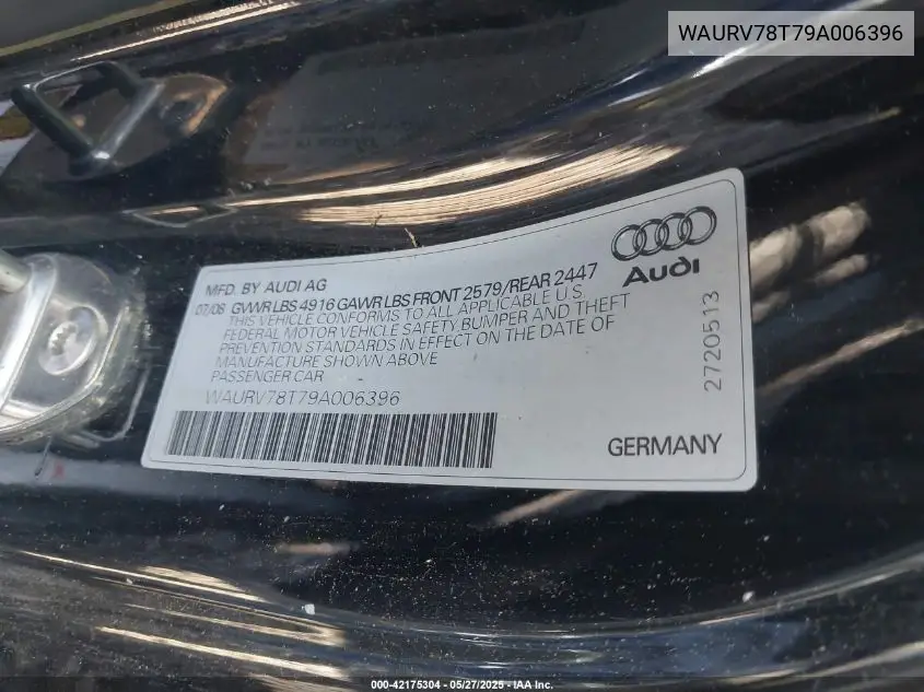 2009 Audi S5 4.2L VIN: WAURV78T79A006396 Lot: 42175304