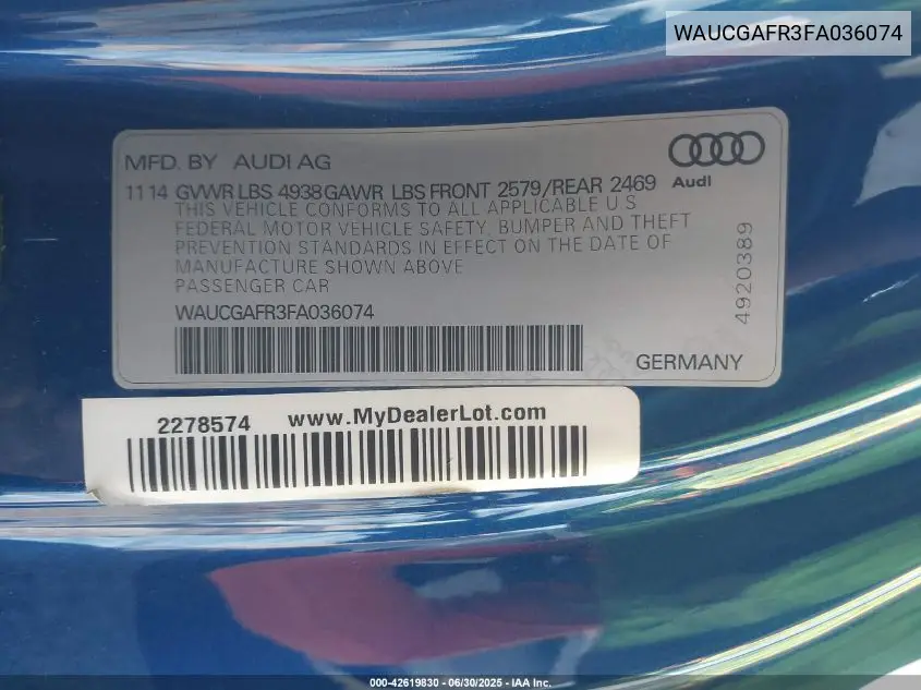 2015 Audi S5 3.0T Premium Plus VIN: WAUCGAFR3FA036074 Lot: 42619830