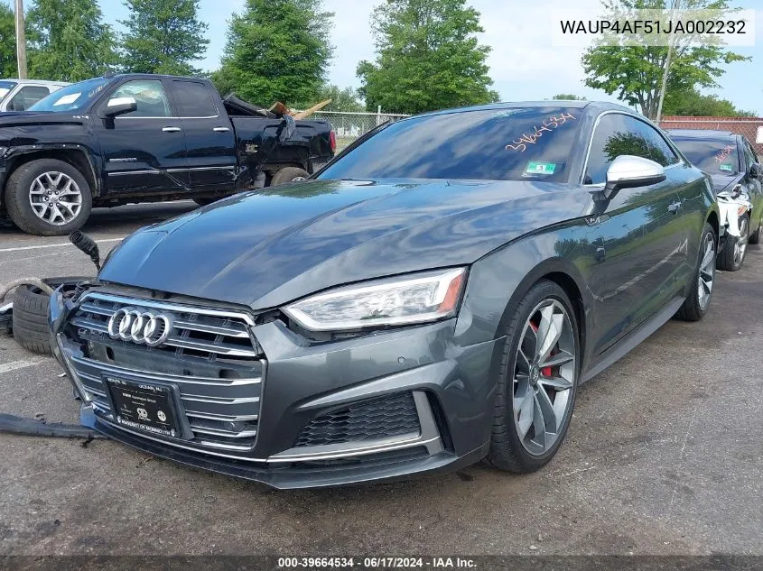 2018 Audi S5 3.0T Premium Plus VIN: WAUP4AF51JA002232 Lot: 39664534