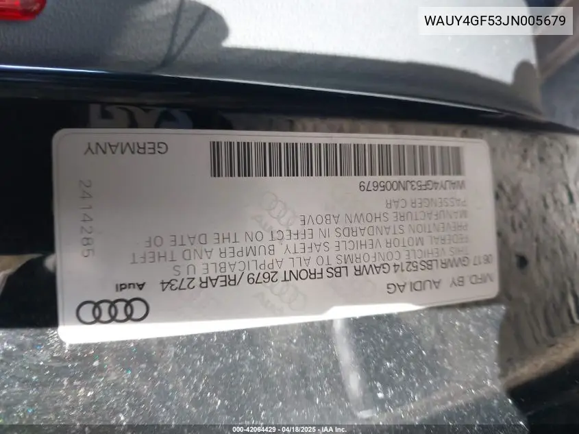 2018 Audi S5 3.0T Premium Plus VIN: WAUY4GF53JN005679 Lot: 42064429