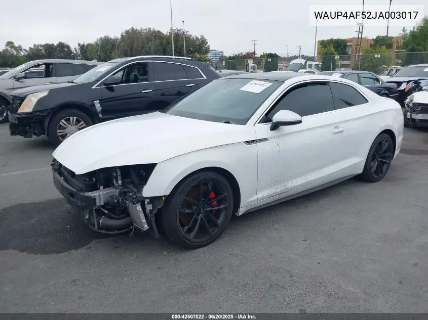 2018 Audi S5 Premium Plus VIN: WAUP4AF52JA003017 Lot: 42507022