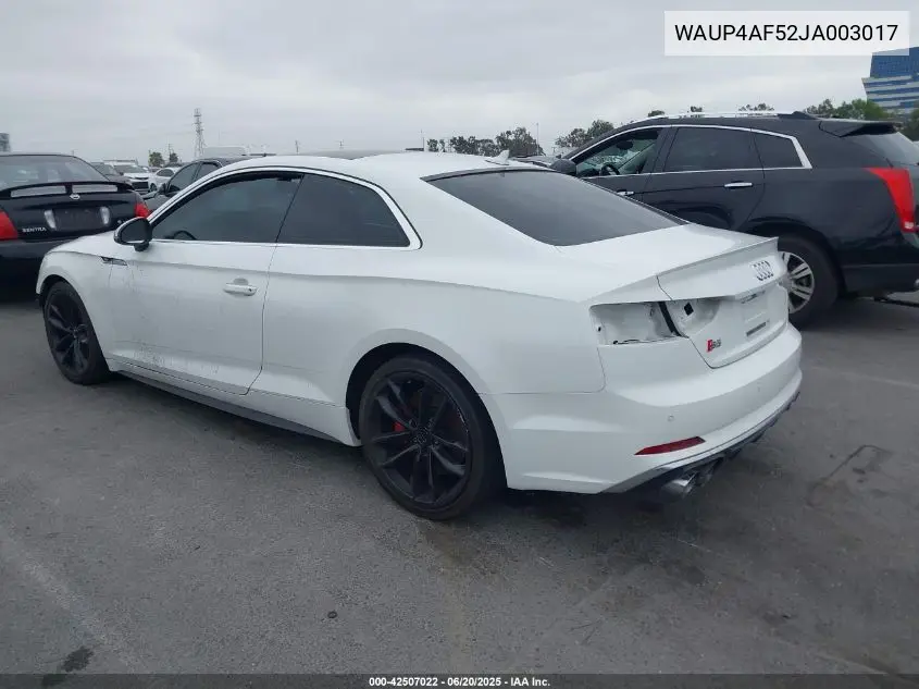2018 Audi S5 Premium Plus VIN: WAUP4AF52JA003017 Lot: 42507022