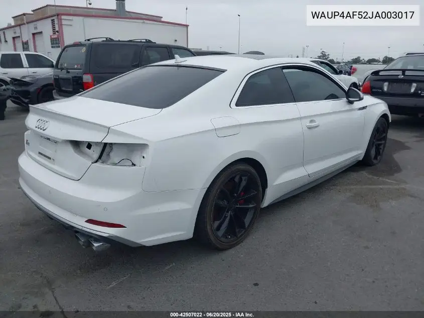 2018 Audi S5 Premium Plus VIN: WAUP4AF52JA003017 Lot: 42507022
