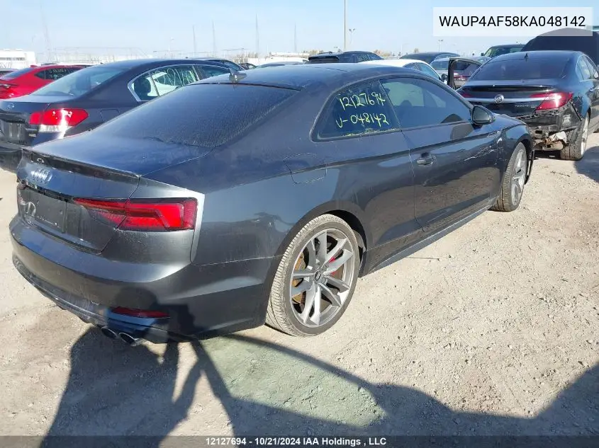 2019 Audi S5 VIN: WAUP4AF58KA048142 Lot: 12127694