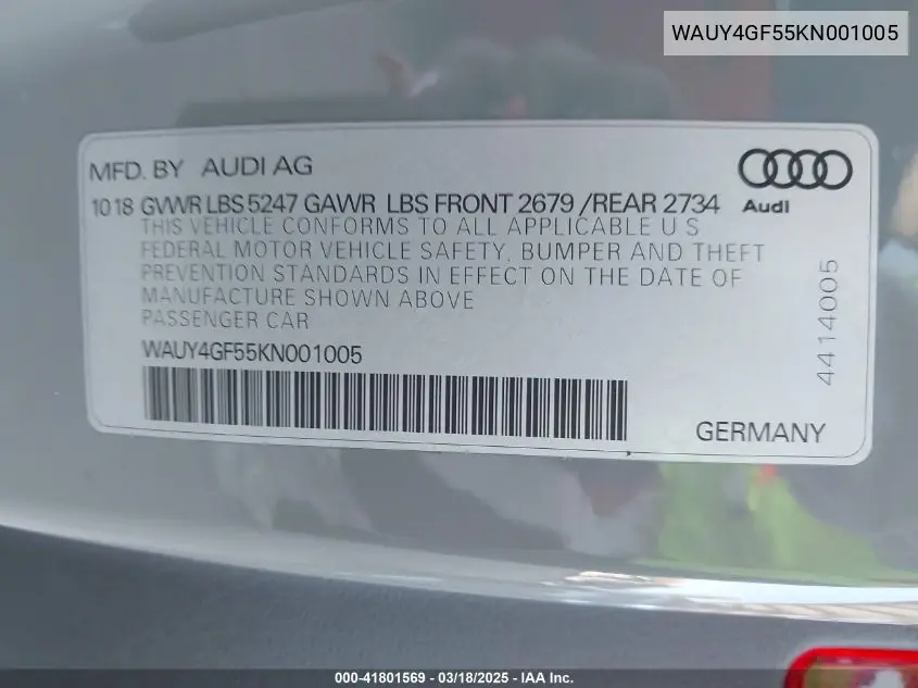 2019 Audi S5 3.0T Premium Plus VIN: WAUY4GF55KN001005 Lot: 41801569