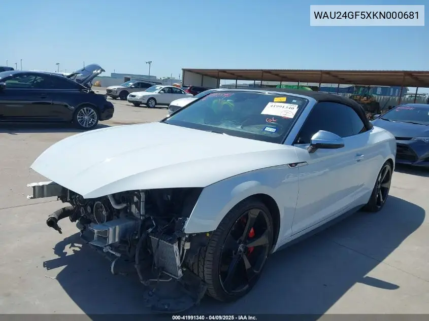 2019 Audi S5 3.0T Premium Plus VIN: WAU24GF5XKN000681 Lot: 41991340