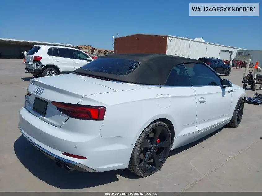 2019 Audi S5 3.0T Premium Plus VIN: WAU24GF5XKN000681 Lot: 41991340