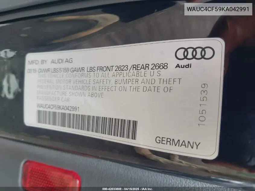 2019 Audi S5 3.0T Premium VIN: WAUC4CF59KA042991 Lot: 42033888