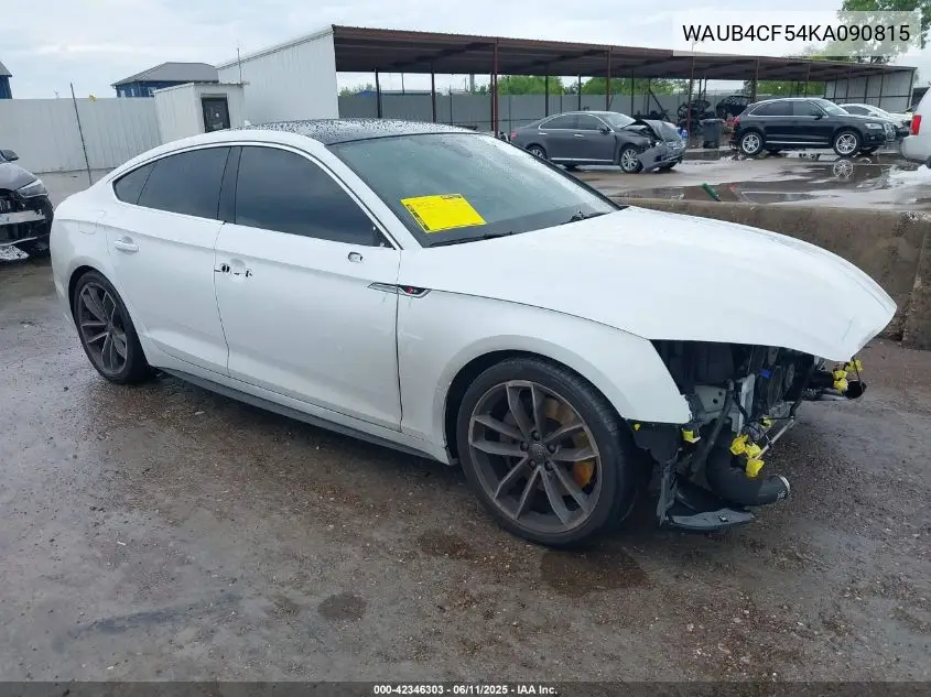 2019 Audi S5 3.0T Premium VIN: WAUB4CF54KA090815 Lot: 42346303