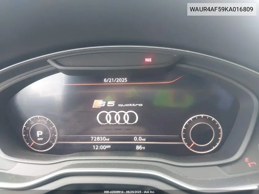 2019 Audi S5 3.0T Premium VIN: WAUR4AF59KA016809 Lot: 42589914
