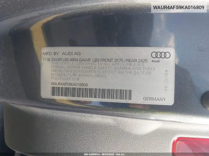 2019 Audi S5 3.0T Premium VIN: WAUR4AF59KA016809 Lot: 42589914