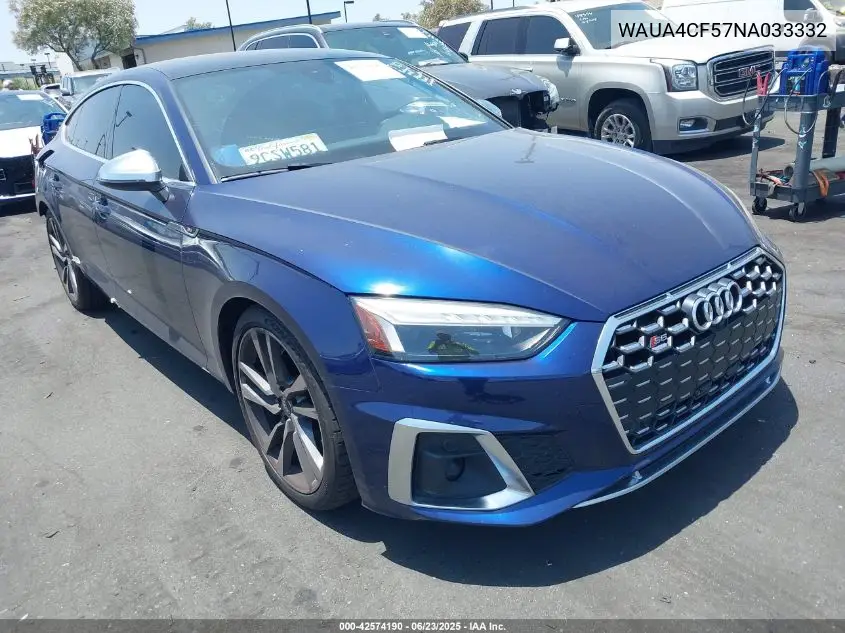 2022 Audi S5 Sportback Premium Tfsi Quattro Tiptronic VIN: WAUA4CF57NA033332 Lot: 42574190