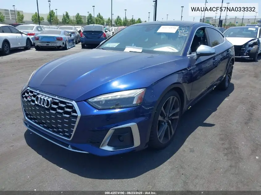 2022 Audi S5 Sportback Premium Tfsi Quattro Tiptronic VIN: WAUA4CF57NA033332 Lot: 42574190