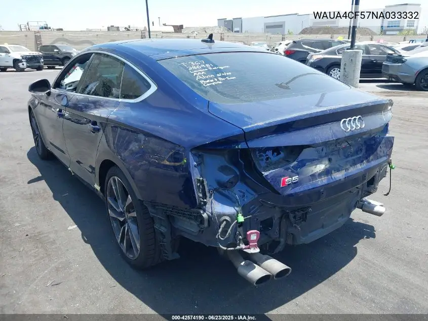 2022 Audi S5 Sportback Premium Tfsi Quattro Tiptronic VIN: WAUA4CF57NA033332 Lot: 42574190