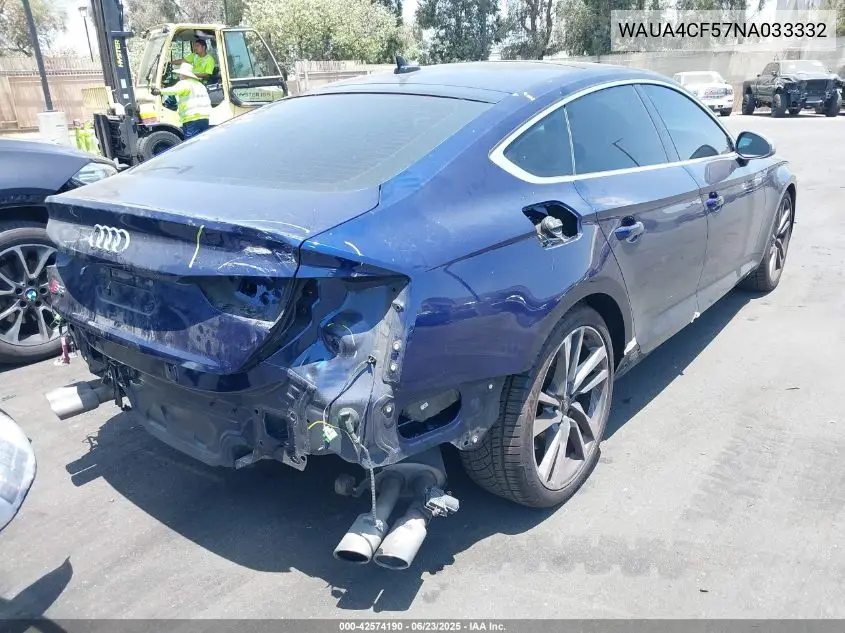 2022 Audi S5 Sportback Premium Tfsi Quattro Tiptronic VIN: WAUA4CF57NA033332 Lot: 42574190