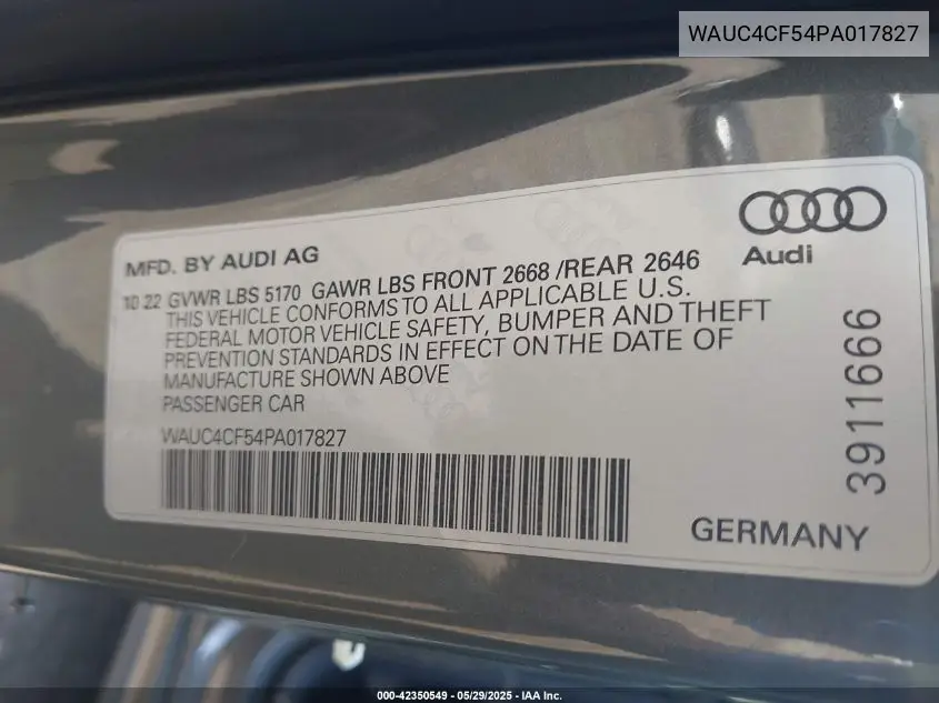 2023 Audi S5 Sportback Premium Plus Tfsi Quattro Tiptronic VIN: WAUC4CF54PA017827 Lot: 42350549