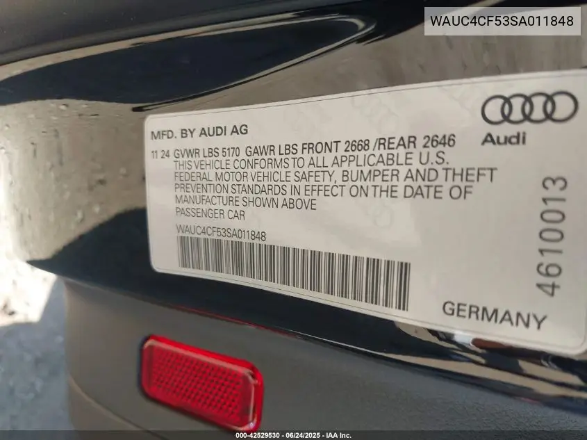 2025 Audi S5 Sportback Premium Tfsi Quattro Tiptronic VIN: WAUC4CF53SA011848 Lot: 42529530