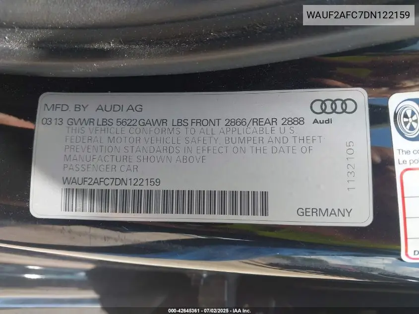 2013 Audi S6 4.0T Prestige VIN: WAUF2AFC7DN122159 Lot: 42645361