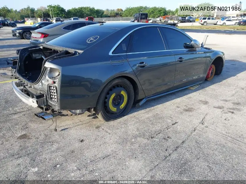 2015 Audi S8 4.0T VIN: WAUK2AFD5FN021986 Lot: 41986491
