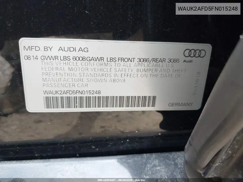 2015 Audi S8 4.0T VIN: WAUK2AFD5FN015248 Lot: 42593407
