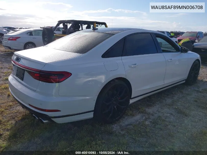 2021 Audi S8 Tfsi Quattro Tiptronic VIN: WAU8SAF89MN006708 Lot: 40510093