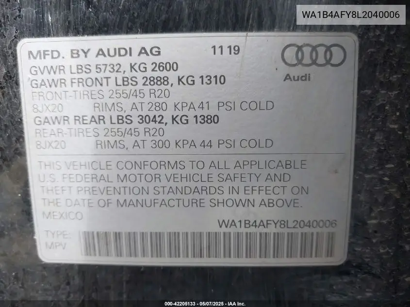 2020 Audi Sq5 Premium Plus Tfsi Quattro Tiptronic VIN: WA1B4AFY8L2040006 Lot: 42205133