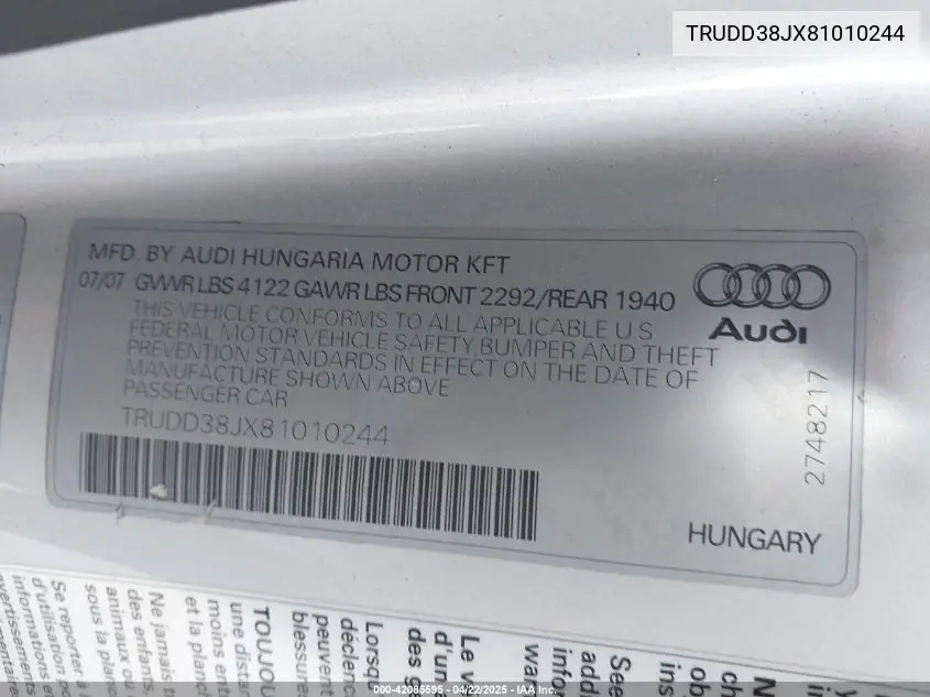 2008 Audi Tt 3.2 VIN: TRUDD38JX81010244 Lot: 42085595