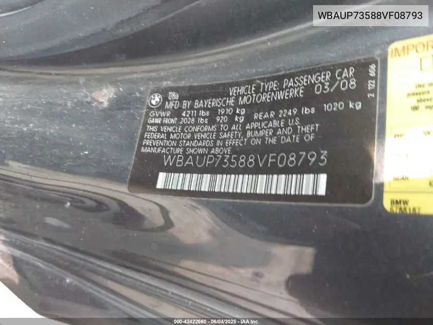 2008 BMW 128I VIN: WBAUP73588VF08793 Lot: 42422660