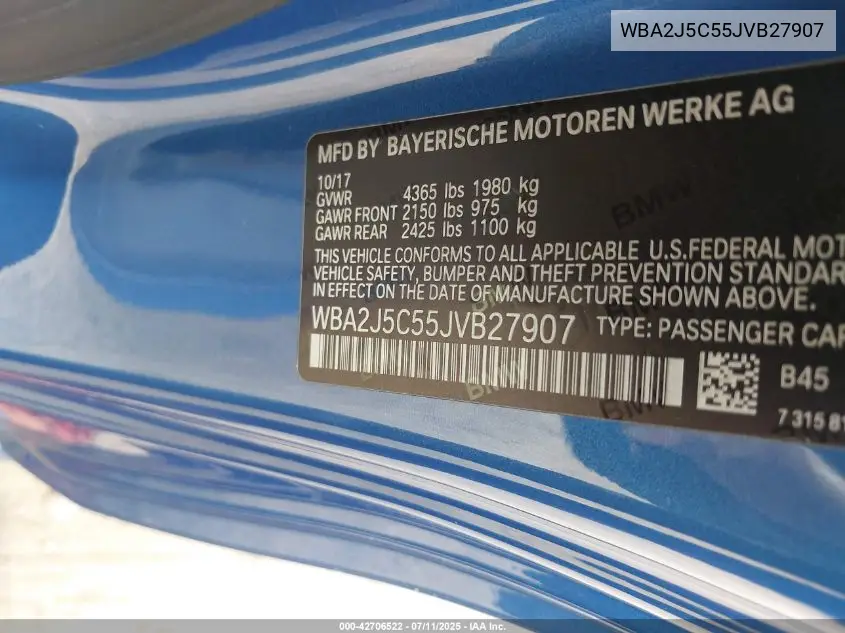 2018 BMW M240I VIN: WBA2J5C55JVB27907 Lot: 42706522