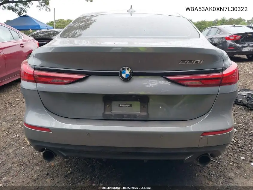 2022 BMW 228I VIN: WBA53AK0XN7L30322 Lot: 42566160