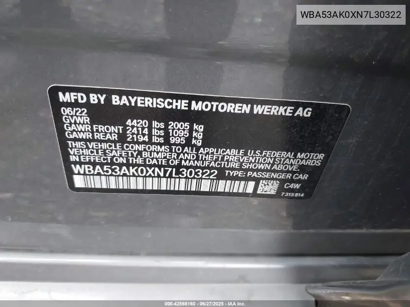 2022 BMW 228I VIN: WBA53AK0XN7L30322 Lot: 42566160