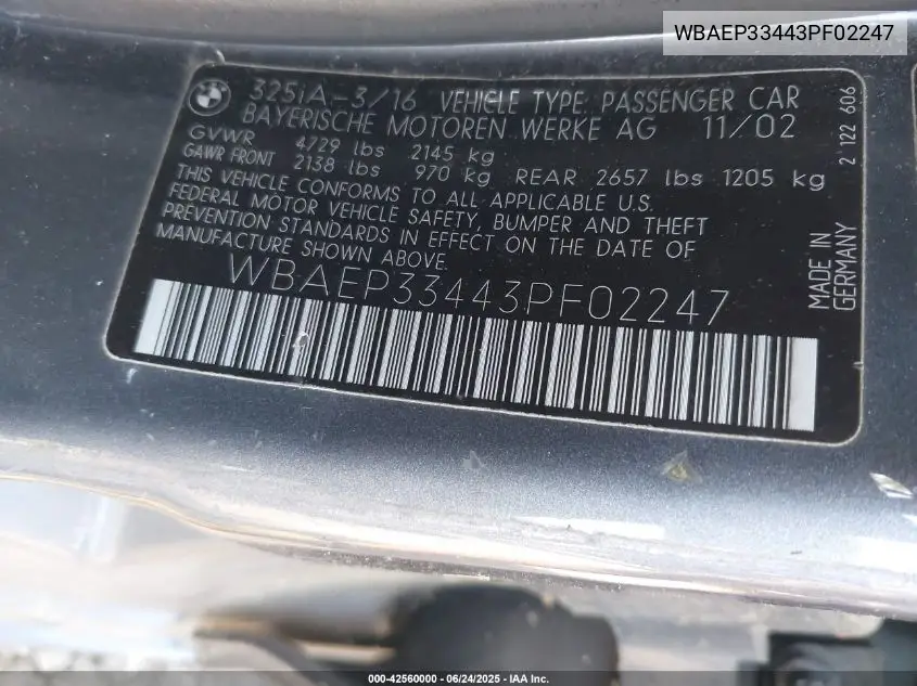 2003 BMW 325Xit VIN: WBAEP33443PF02247 Lot: 42560000