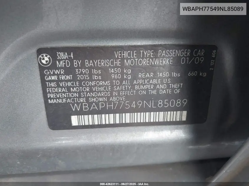 2009 BMW 328I VIN: WBAPH77549NL85089 Lot: 42623111