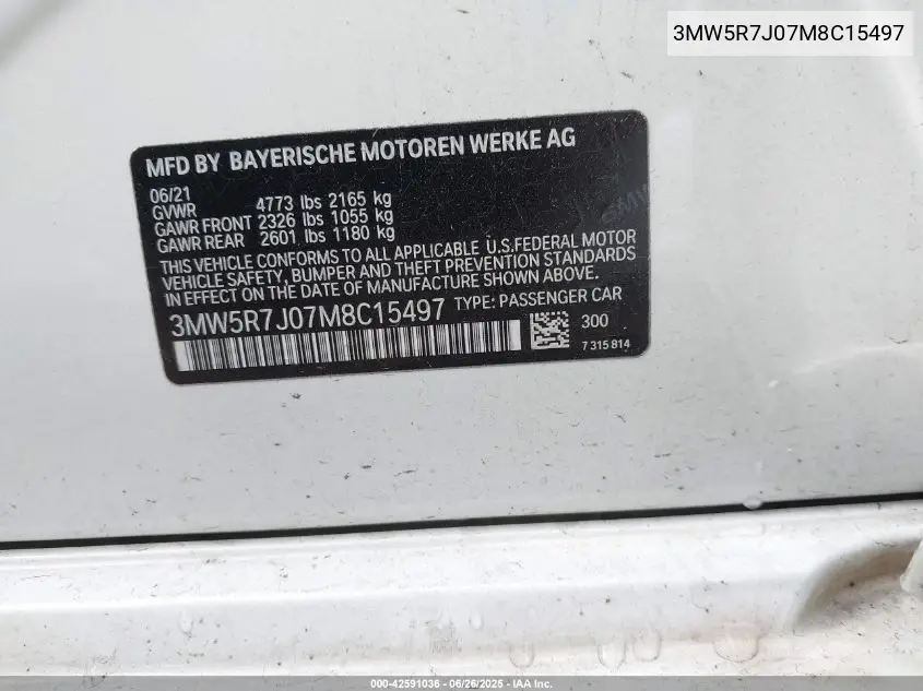 2021 BMW 330Xi VIN: 3MW5R7J07M8C15497 Lot: 42591036