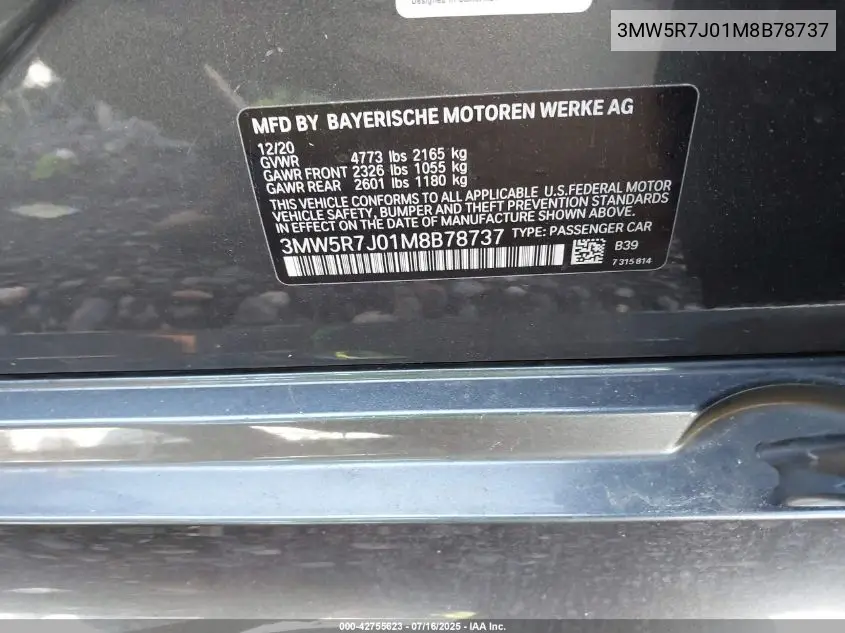 2021 BMW 330I xDrive VIN: 3MW5R7J01M8B78737 Lot: 42755623