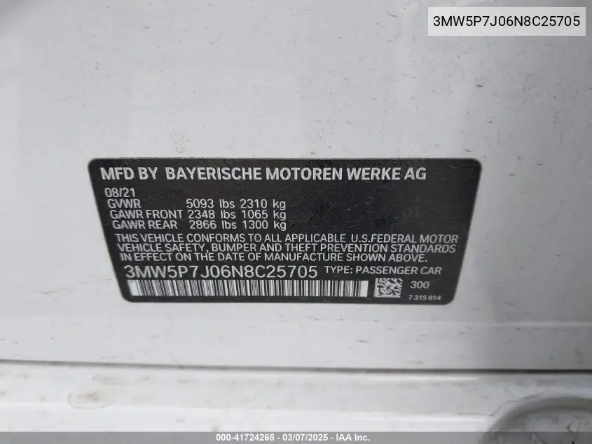2022 BMW 3 Series 330E VIN: 3MW5P7J06N8C25705 Lot: 41724265