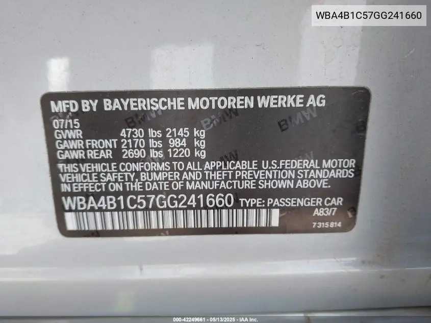 2016 BMW 435I Gran Coupe VIN: WBA4B1C57GG241660 Lot: 42249661