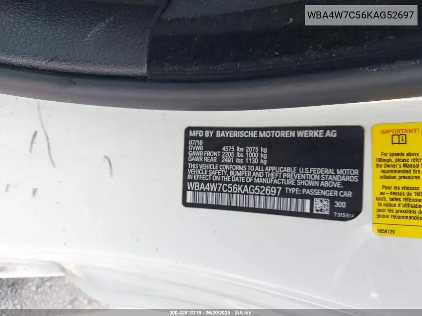 2019 BMW 440I VIN: WBA4W7C56KAG52697 Lot: 42618119
