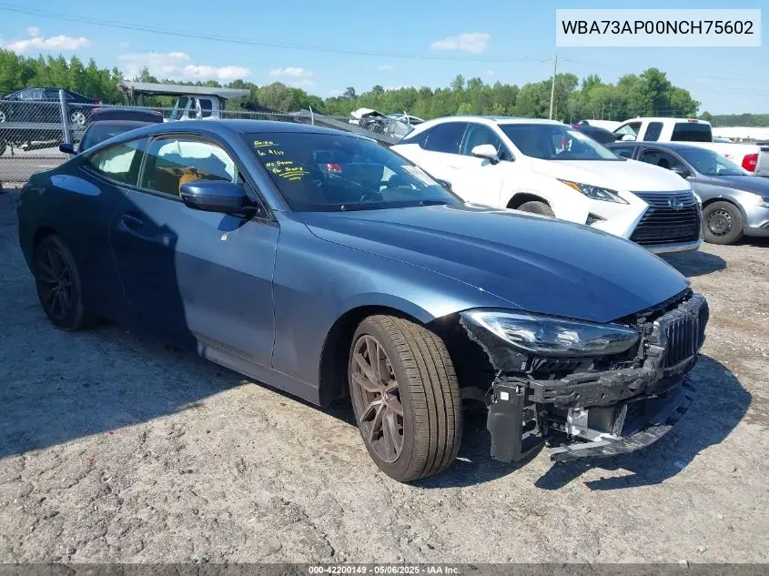 2022 BMW 430I xDrive VIN: WBA73AP00NCH75602 Lot: 42200149