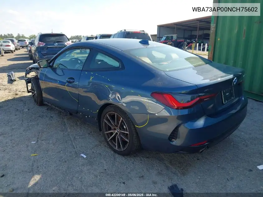 2022 BMW 430I xDrive VIN: WBA73AP00NCH75602 Lot: 42200149