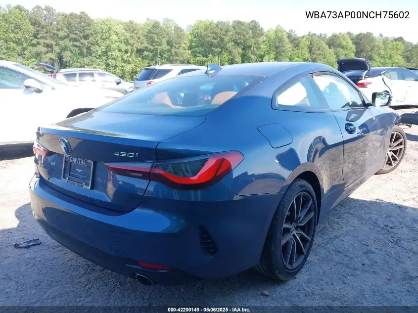 2022 BMW 430I xDrive VIN: WBA73AP00NCH75602 Lot: 42200149
