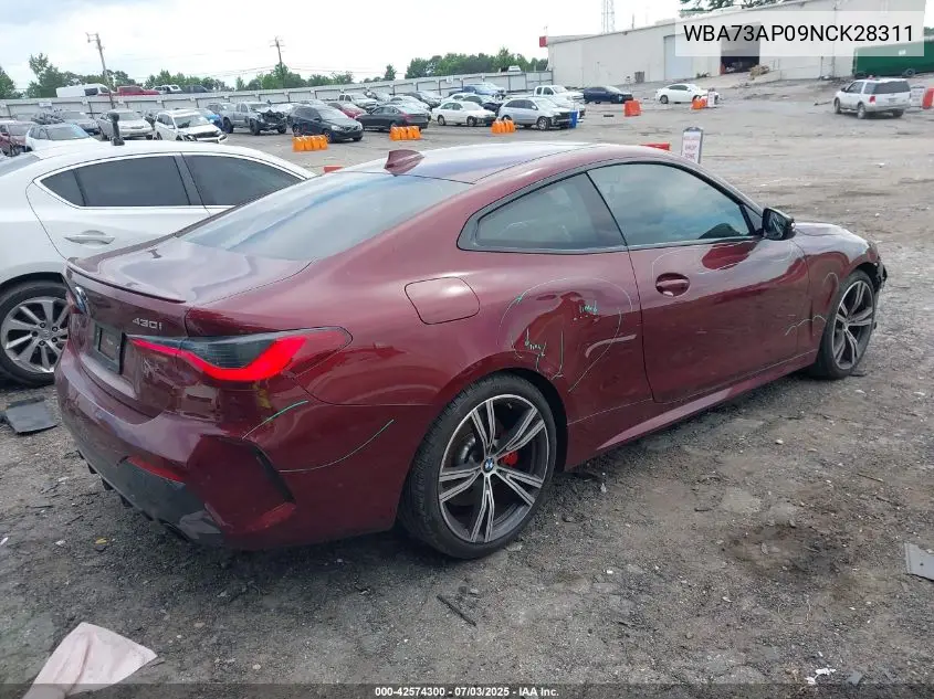 2022 BMW 430I xDrive VIN: WBA73AP09NCK28311 Lot: 42574300