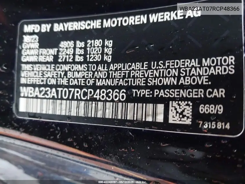 2024 BMW 4 Series 430I VIN: WBA23AT07RCP48366 Lot: 42248397