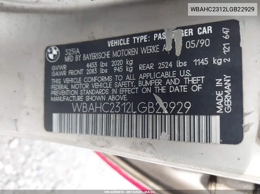 1990 BMW 525 I Automatic VIN: WBAHC2312LGB22929 Lot: 42505410