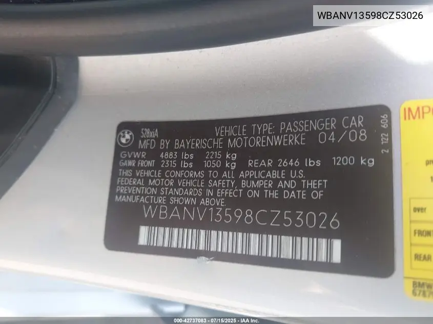 2008 BMW 528Xi VIN: WBANV13598CZ53026 Lot: 42737083