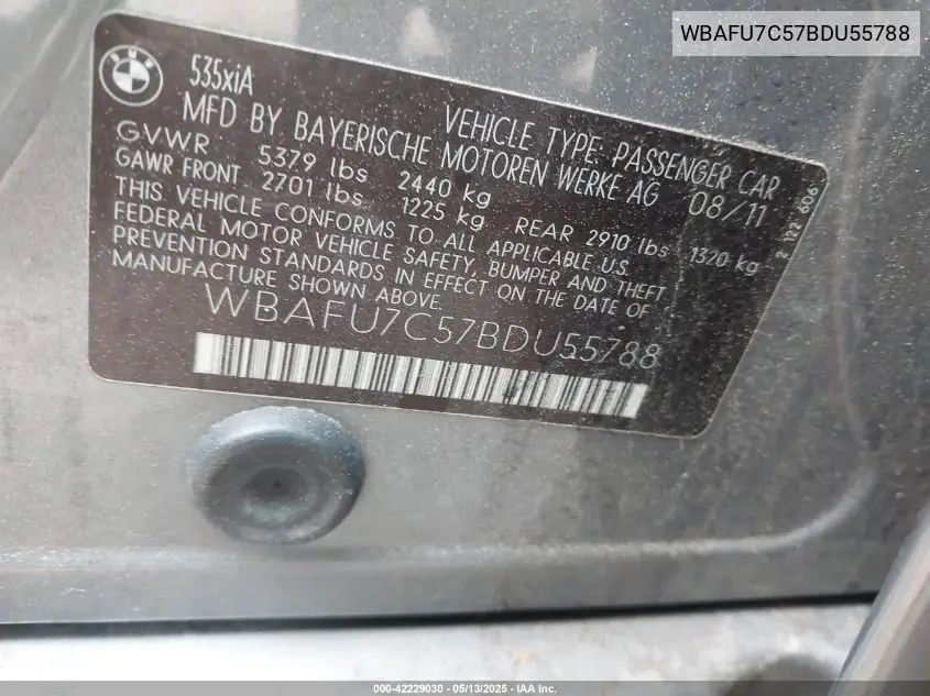2011 BMW 535I xDrive VIN: WBAFU7C57BDU55788 Lot: 42229030